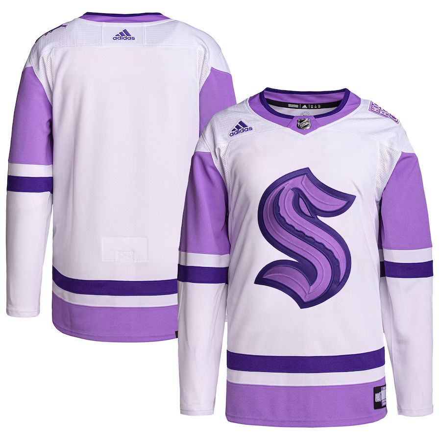 Men Seattle Kraken adidas White Purple Hockey Fights Cancer Primegreen Authentic Blank Practice NHL Jersey